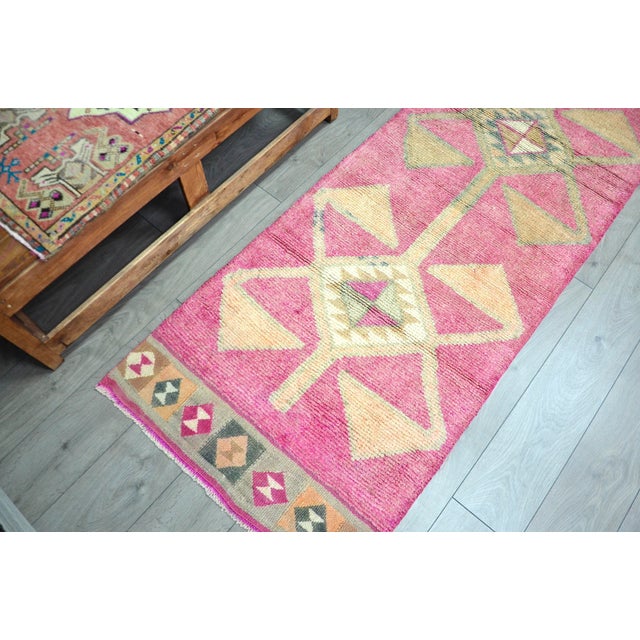 Tribal 1960s Vintage Pink Color Geometric Handmade Turkish Runner For Sale - Image 3 of 11