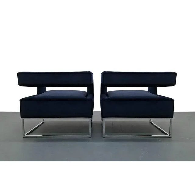 Mid-Century Modern Minimalist Floating Back Cube Chairs in Blue Velvet - A Pair For Sale - Image 3 of 8