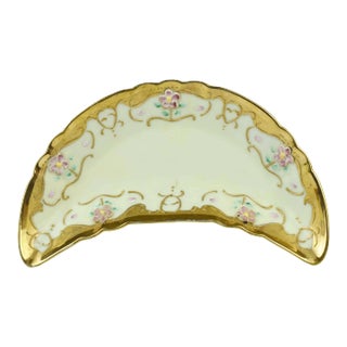 Late 20th Century Arnart Imports With Gold Trim & Floral Flowers Yellow Tone Crescent Bone Dish For Sale