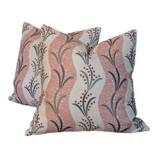 Nina Campbell Sidney Stripe Pillows in Coral/Teal/Pink- Pair For Sale