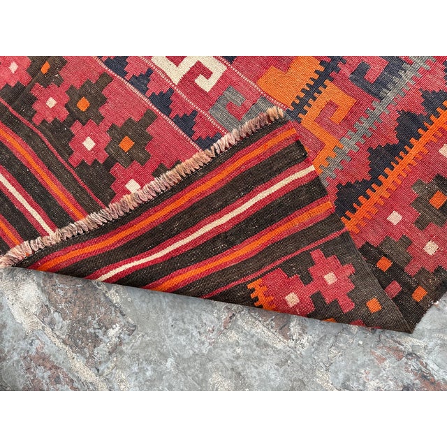 Ruby Red Vintage Afghan Flat Weave Kilim Rug, 6x9 Ft, Handmade Tribal Turkmen Faded Rug, Turkish Style Wool Kilim For Sale - Image 8 of 8