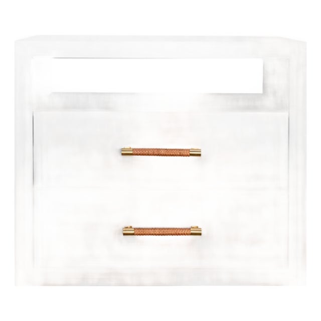 Matthew Izzo Home Hancock Matte White Lacquer Two Drawer Side Table With Rattan Wrapped Handles and Brass Detail For Sale