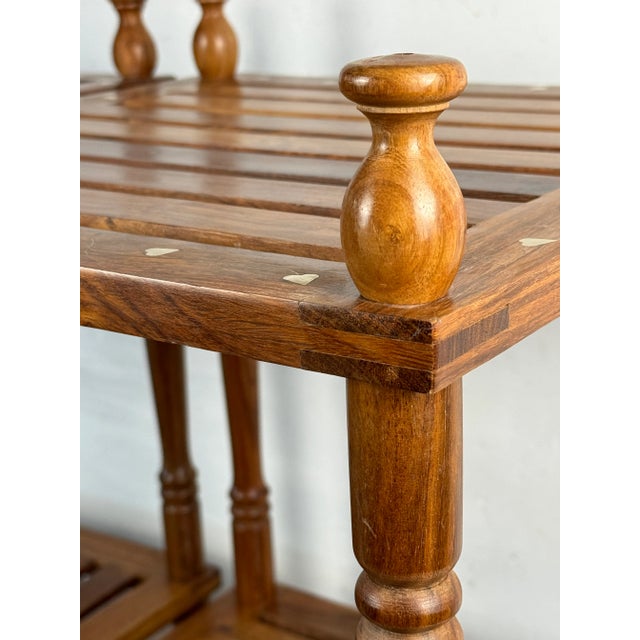 Late 20th Century Late 20th Century Pair of 2 Tier Rack Style Tea Tables With Brass Floral Design Inlay For Sale - Image 5 of 11