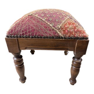 Vintage Stool/Footstool Upholstered W/Kutchi Indian Banjara Fabric W/ Mirrors 16" H For Sale