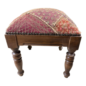 Vintage Stool/Footstool Upholstered W/Kutchi Indian Banjara Fabric W/ Mirrors 16" H