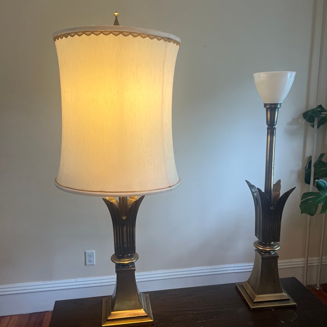 1970s Rembrandt Lamp Company Hollywood Regency Brass Palm Leaf Torchiere Table Lamps With Original Shades - a Pair For Sale - Image 12 of 12