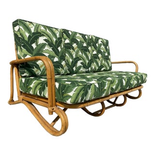 Restored Vintage "Hairpin" Leg Rattan 2-Strand 3-Seater Sofa With Bent Pole Arms For Sale