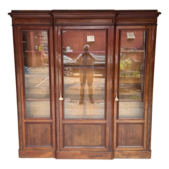 French Late 19th Century Mahogany Three-Door Glass Bookcase With Original Glass & Keys For Sale