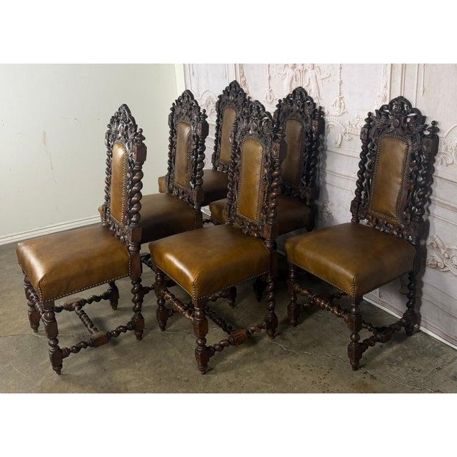 Jacobean Set of 6 Antique Jacobean Hunt Chairs in Heavily Carved Oak With Cognac Leather For Sale - Image 3 of 18