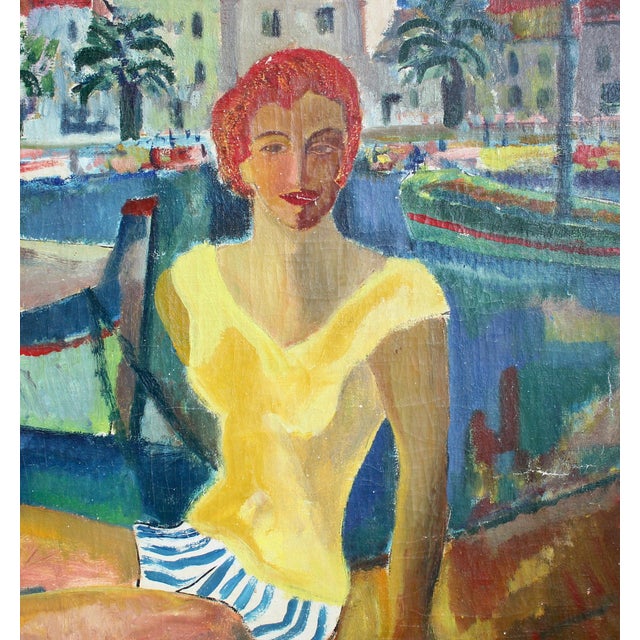 French School Artist, Young Woman at the Port of Sanary, Oil Painting on Canvas, Framed For Sale - Image 9 of 18