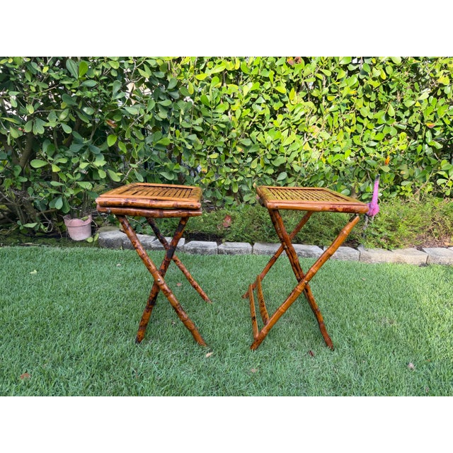 Wood Vintage Burnt Bamboo Folding Tray Tables, a Pair For Sale - Image 7 of 10