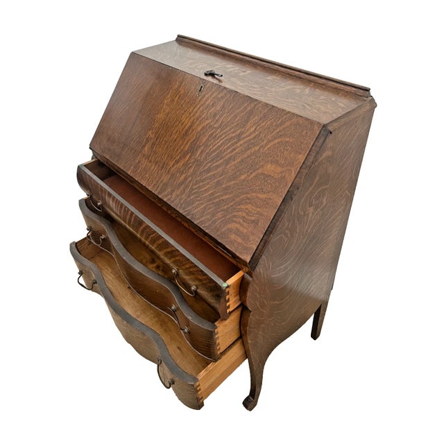 Early 20th Century Antique English Secretary Desk, Locking Door, Three Bottom Drawers Tiger Oak For Sale - Image 5 of 13