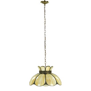 Vintage Tiffany Style Tan Slag Leaded Stained Glass Pendant Light For Sale