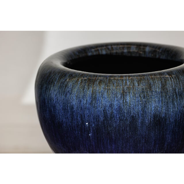 Vintage Chinese Blue-Glazed Ceramic Planter with Rounded Form and Brown Accents For Sale - Image 9 of 18