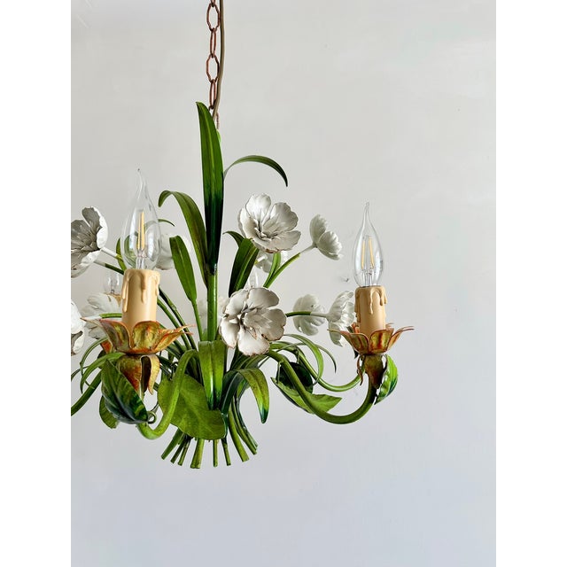 Green Vintage Floral Tole Chandelier, 1970 For Sale - Image 8 of 18