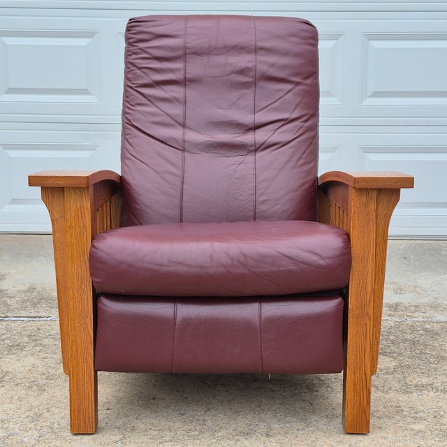 Burgundy 2002 BarcaLounger Mission Arts & Crafts Style Leather and Oak Manual Recliner Arm Chair For Sale - Image 8 of 14