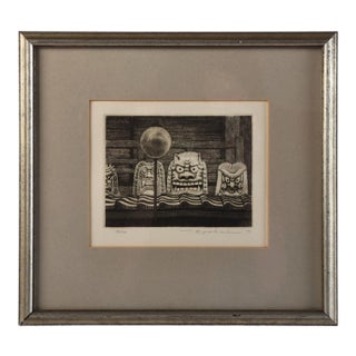 Ryohei Tanaka Vintage Signed Etching S/N Masks Temple For Sale