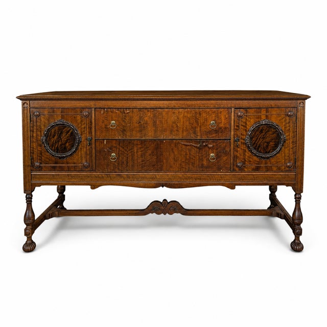 Wood Antique Jacobean Revival Figured Wood Sideboard With Carved Medallions For Sale - Image 7 of 18