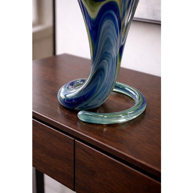 Contemporary Hand-Blown Studio Art Glass Sculpture in Blue & Green With Freeform Crown For Sale - Image 4 of 6