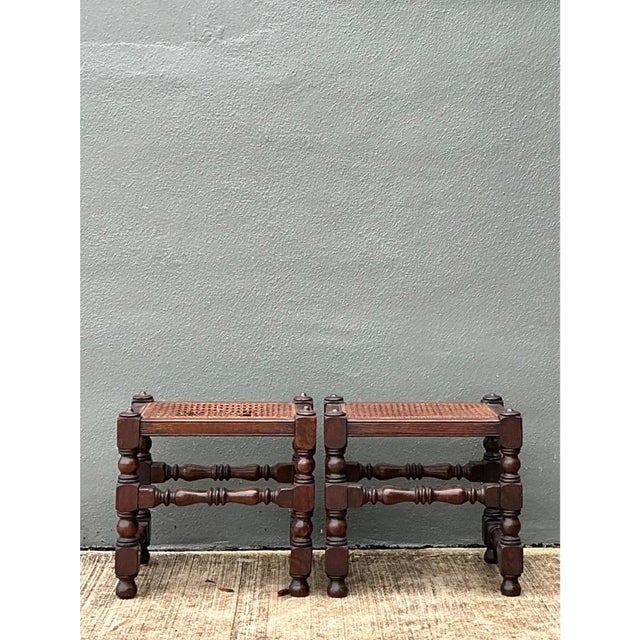 Vintage Turned Wood Low Stools With Caning For Sale - Image 10 of 12
