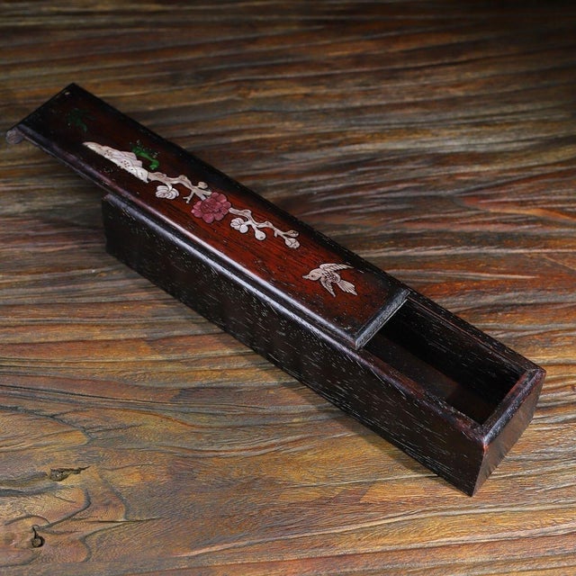 Wood Vintage Chinese Rosewood Slide Box With Mother of Pearl Inlay, Plum Blossom & Bird Motif For Sale - Image 7 of 9