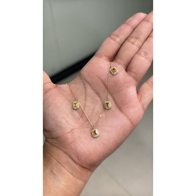 Contemporary Modern 2.24ct Citrine & Diamond Halo Station Charm Necklace in 14k Yellow Gold For Sale - Image 3 of 18