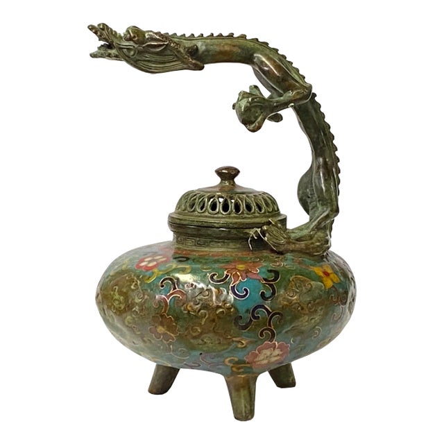 Metal Turquoise Blue Enamel Cloisonné Dragon Handle Incense Burner For Sale