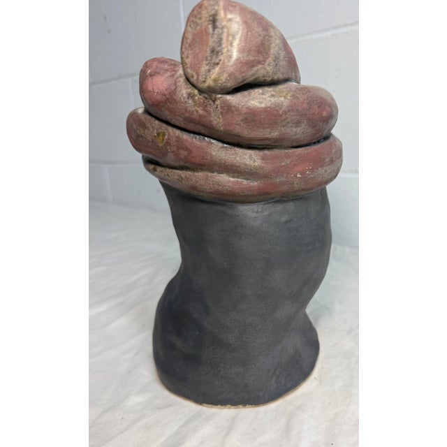 1950s Vintage Handmade Studio Black Red Glaze Brutalist Art Pottery Vase Sculpture For Sale - Image 5 of 11