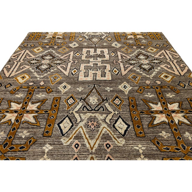 Textile Gray Modern Tulu Plush Wool Area Rug Tribal African-Inspired Geometric Motif For Sale - Image 7 of 11