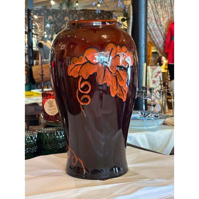 Rustic Glazed Ceramic Brown and Orange Leaf Motif Large Vase For Sale - Image 3 of 8