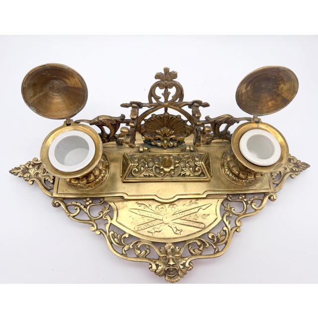 Baroque Vintage Ornate Baroque Revival Cast Brass Double Inkwell Desk Set With Porcelain Liners For Sale - Image 3 of 17