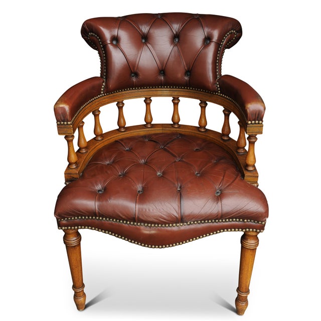 Victorian Style Brown Leather and Beech Desk Chair, 1960s For Sale - Image 3 of 7