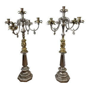 Grand Cherub & Floral Iron Candelabra/Pair