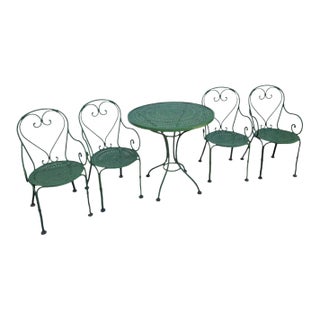 1970s Patio Bistro Set - Vintage Woodard 5 Piece Mid Century Wrought Iron For Sale