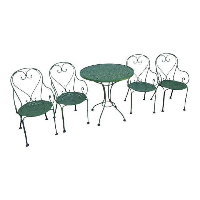 1970s Patio Bistro Set - Vintage Woodard 5 Piece Mid Century Wrought Iron For Sale