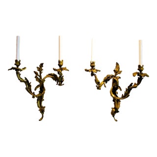 Antique French 19th Century Louis XV Gilt Bronze Two Light Wall Sconces - a Pair For Sale