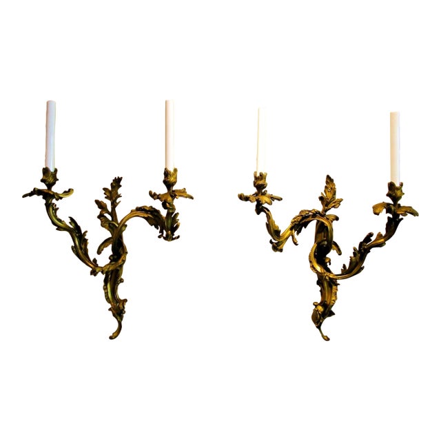 Antique French 19th Century Louis XV Gilt Bronze Two Light Wall Sconces - a Pair For Sale