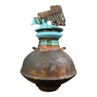 Late 20th Century Signed George Whitten Raku Studio Pottery Lidded Sculptural Vessel For Sale