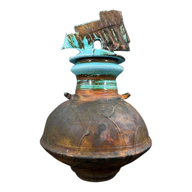 Late 20th Century Signed George Whitten Raku Studio Pottery Lidded Sculptural Vessel For Sale