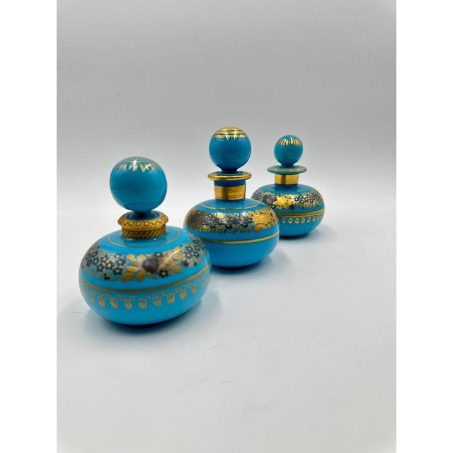 Turquoise Blue Opaline Bottles with Painted Golden Flowers Decoration, 1890s, Set of 3 For Sale - Image 5 of 11