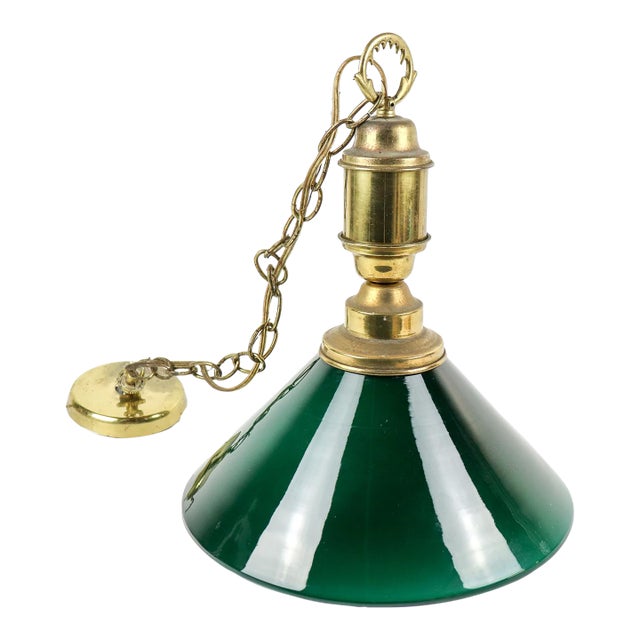 Vintage Green Glass Pendant Light With Brass Accents For Sale