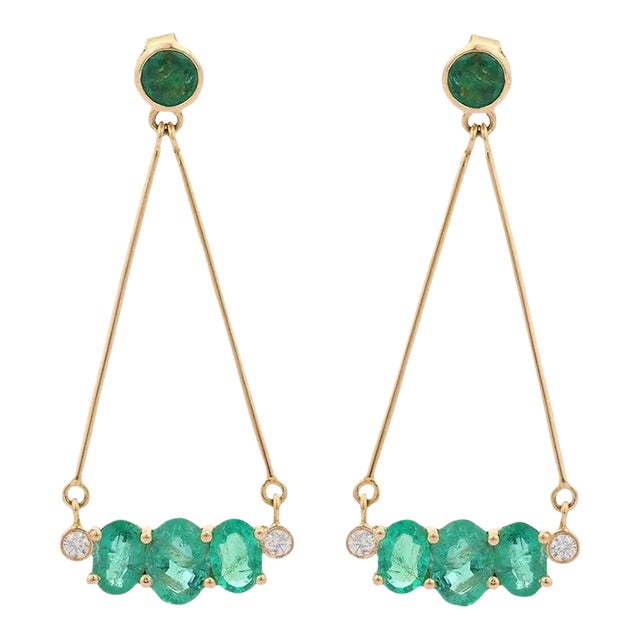 Emerald Chain Dangle Earrings With Diamond in 18k Solid Yellow Gold - 2 Pieces For Sale