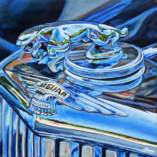 Leap of Faith (Jaguar Hood Ornament) by Shan Fannin | Acrylic on canvas Jaguar hood ornament detail For Sale