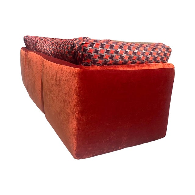 Vintage Mid Century Modern 1970s - 1980s 4 Piece Modular Orange Velvet Geometric Sofa Restored Postmodern 80s For Sale In Palm Springs - Image 6 of 12