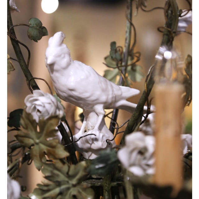 Early 20th Century French Floral Six-Light Metal Chandelier With Porcelain Bird For Sale - Image 4 of 8
