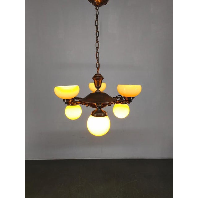 Art Deco Czech Brass Chandelier with Cream Glass, 1920s For Sale - Image 4 of 14