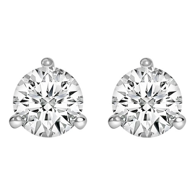 14K White Gold 1.0 Cttw 3-Prong Martini Set Brilliant Round-Cut Solitaire Lab Grown Diamond Screwback Stud Earrings, A Pair For Sale