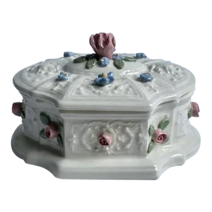 Capodimonte Style Lidded Floral Relief Pottery Dresser Box