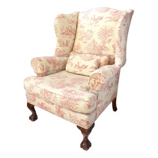 Queen Anne Style Wingback Armchair in Red Toile De Jouy For Sale