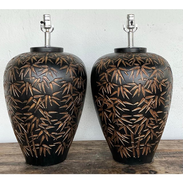 Black Vintage Glazed Ceramic Bamboo Shoots Lamps - A Pair For Sale - Image 8 of 12
